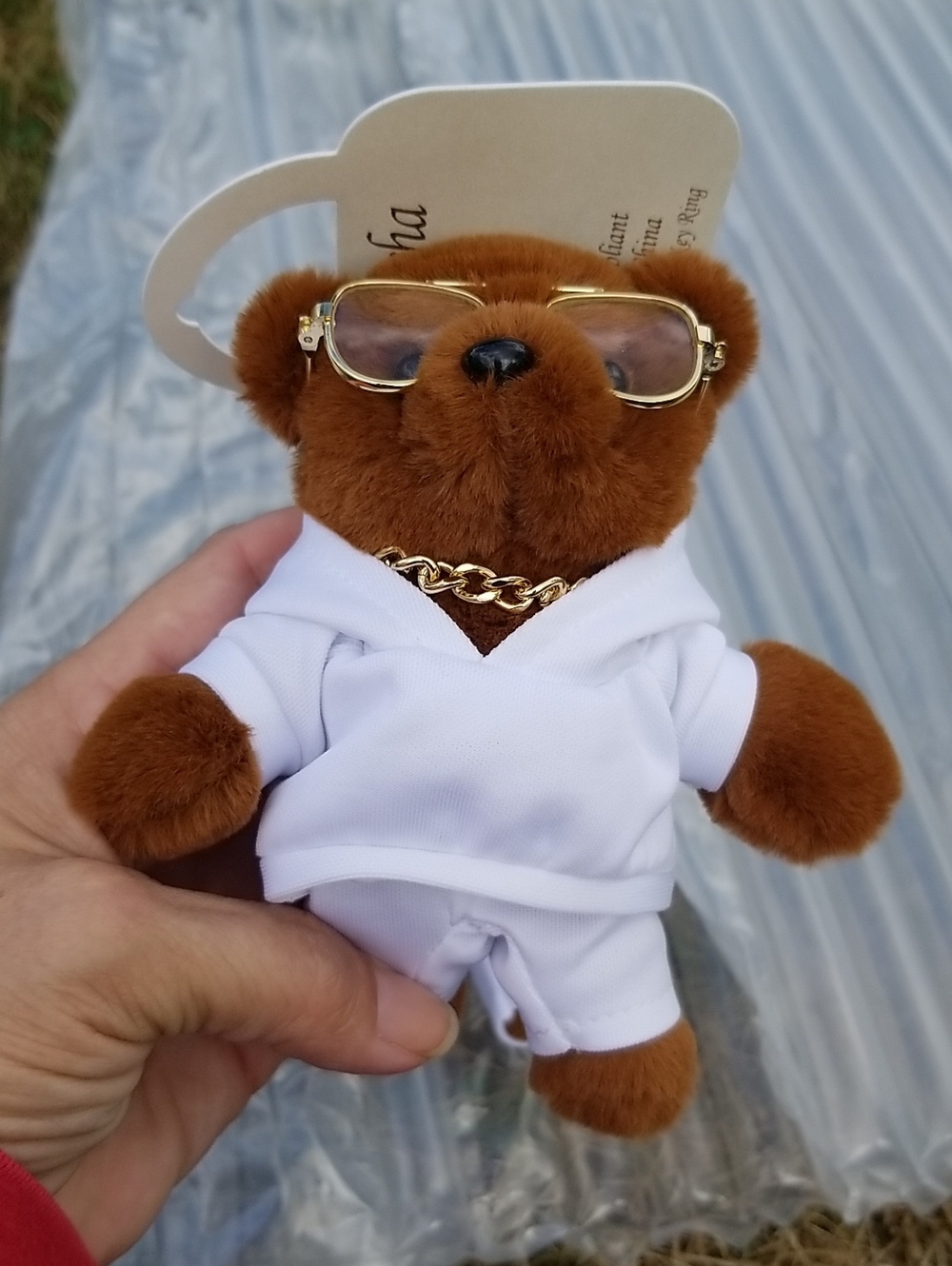 🐻Plush Brown Bear Keychain with White Outfit and Gold Accents
